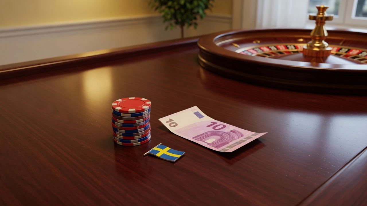 Casinobord med marker, en tio-eurosedel, roulettehjul och en liten svensk flagga