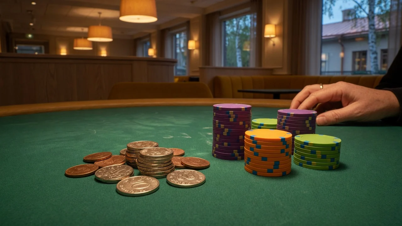 Svenska kronor mynt och casinomarker på grönt filtbord