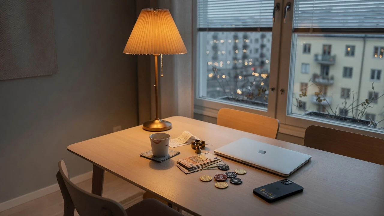 Svensk spelkväll med stängd laptop, euromynt och casinomarker på bordet