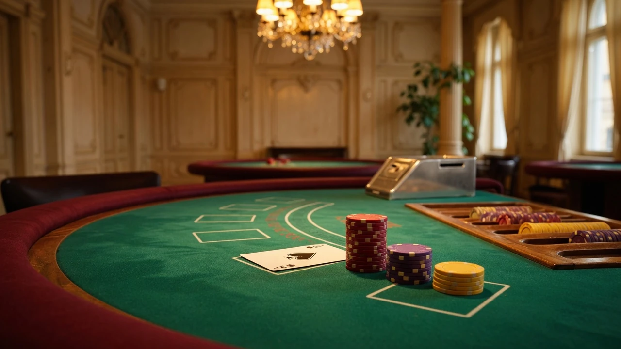 Elegant blackjackbord med marker och ett ess i en svensk casinomiljö