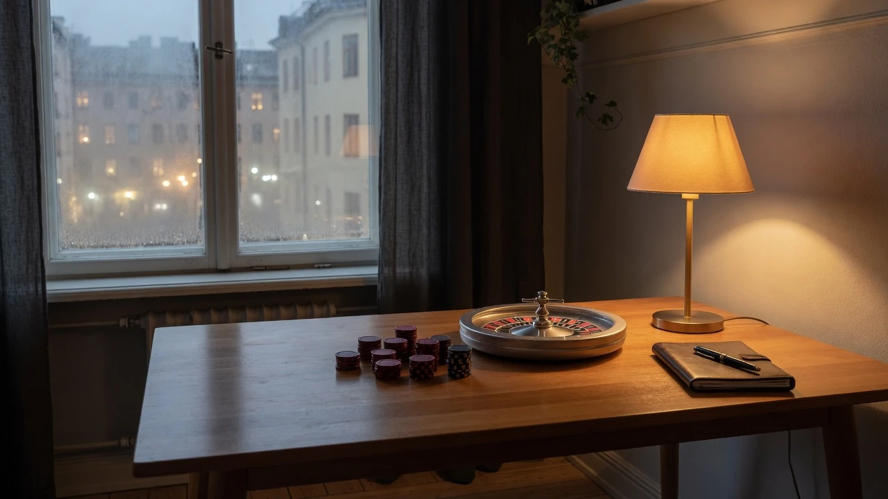 Casinochip och roulettehjul på ett elegant bord i ett Stockholm-shus