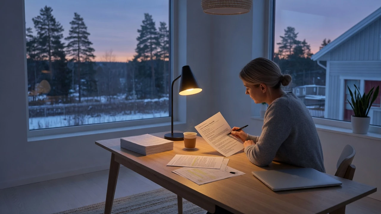 Person som noggrant granskar bonusvillkor vid ett skrivbord