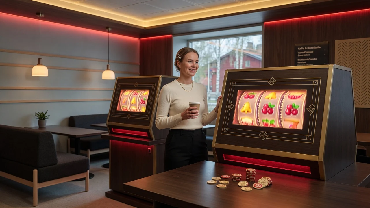 Modern svenskt casino med spelautomater och mynt i varm belysning