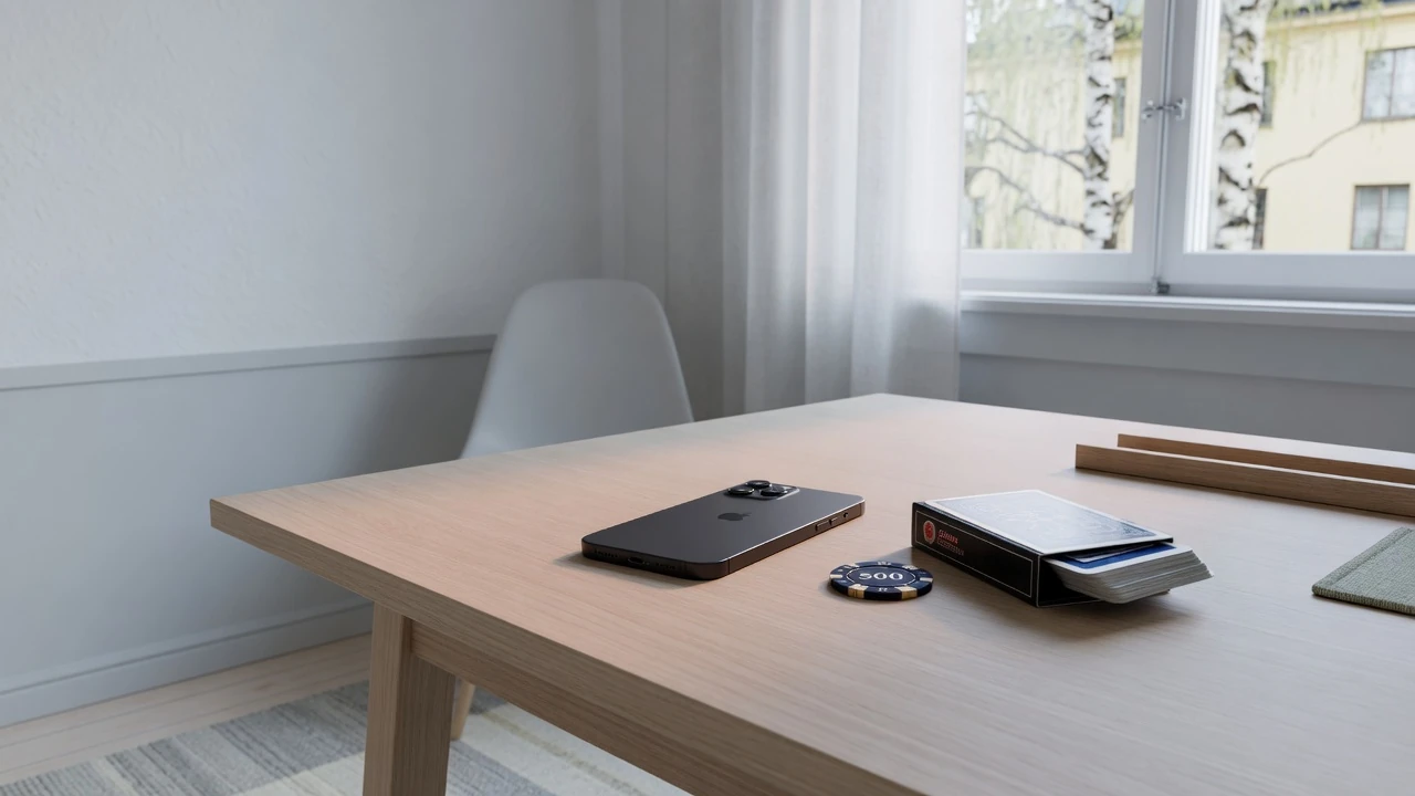 Smartphone liggande på ett minimalistiskt skrivbord med casinospelpjäs och kortlek