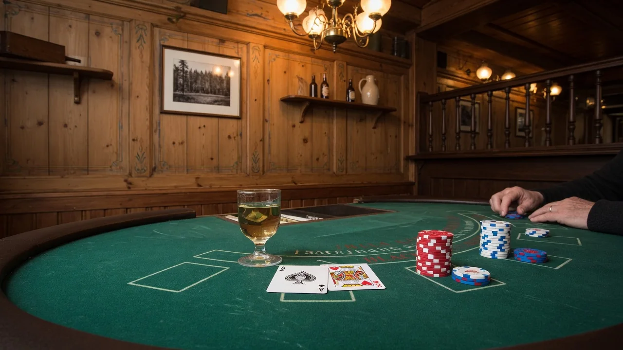 Svensk pub med blackjackbord, marker och spelkort i varm belysning