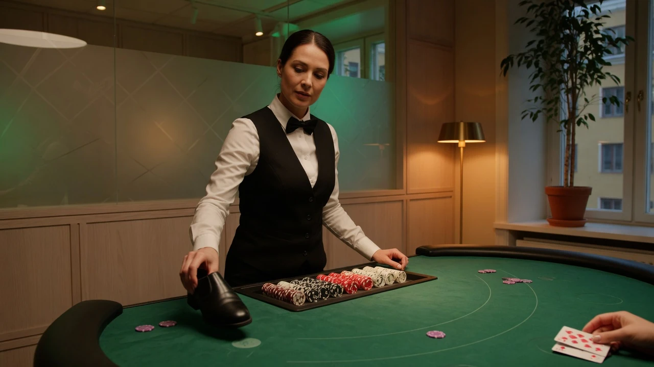 Live dealer vid blackjackbord i professionell studio