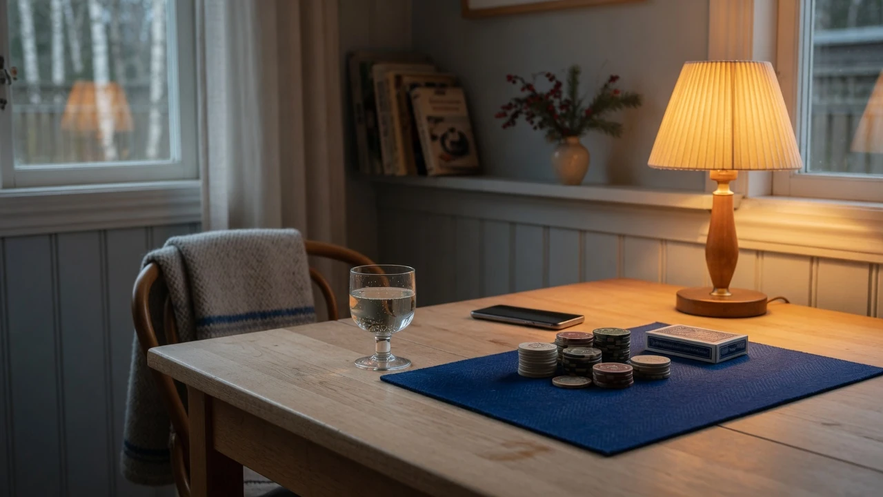 Skandinaviskt hem med kortlek och casinomarker vid träbord