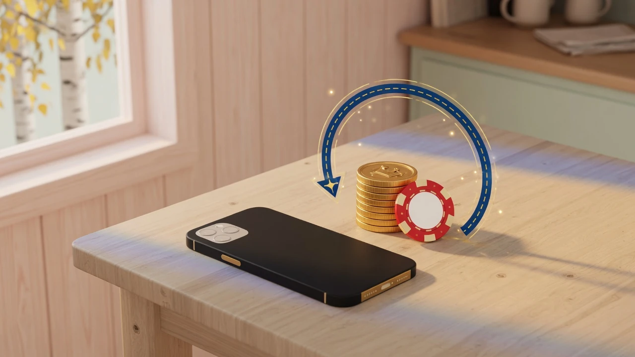 Smartphone med guldmynt och casinomarker som illustrerar cashback