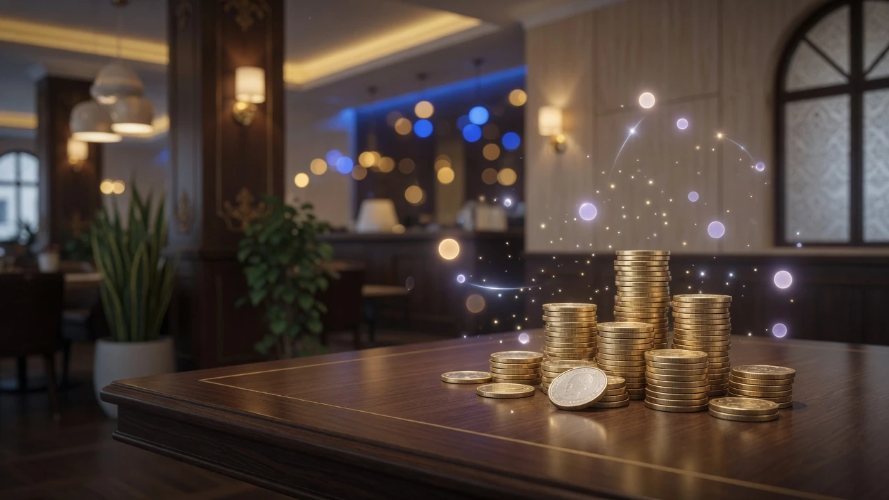 Casinomarker och gnistrande ljus på ett bord i en svensk casinomiljö