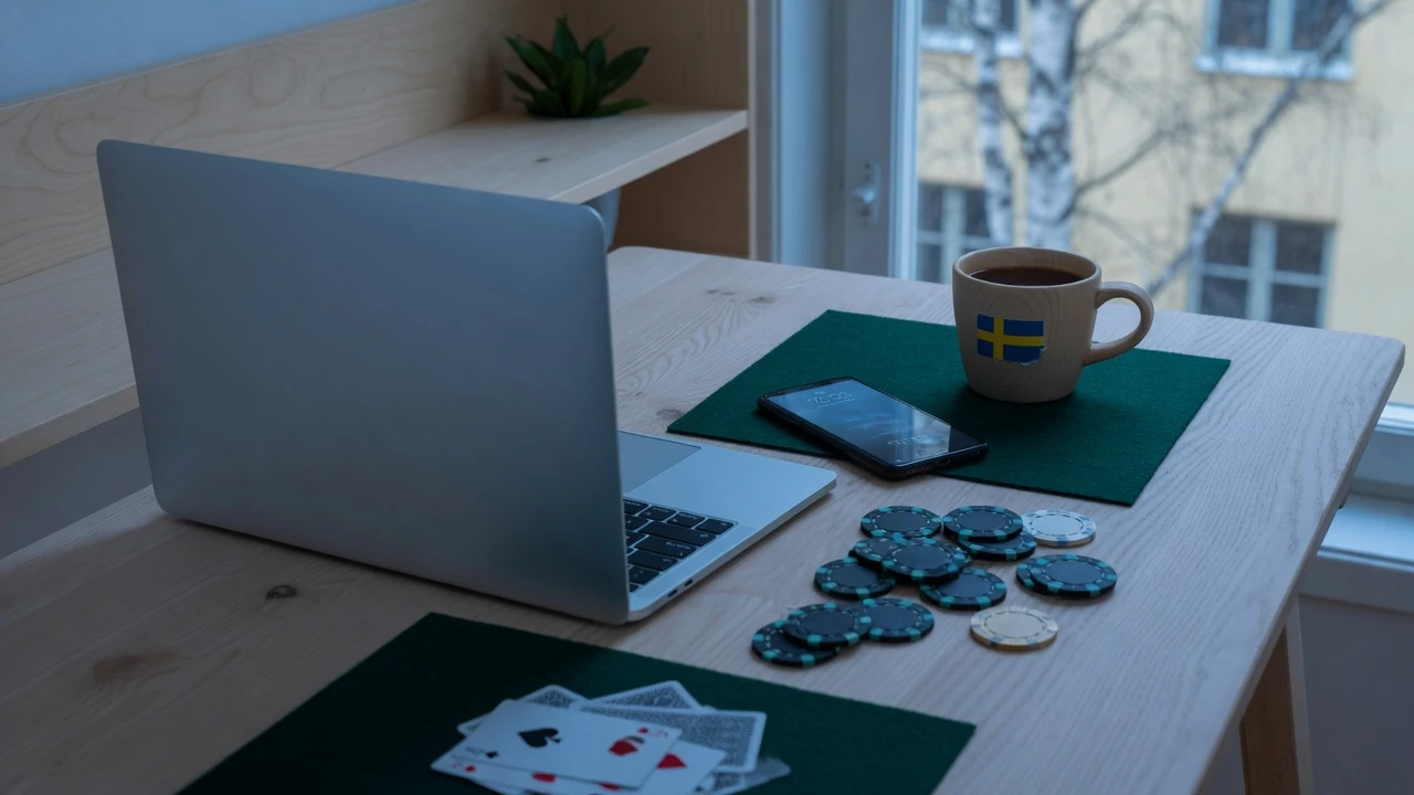 Modern casinospeluppsättning med dator, mobiltelefon och marker på skrivbord