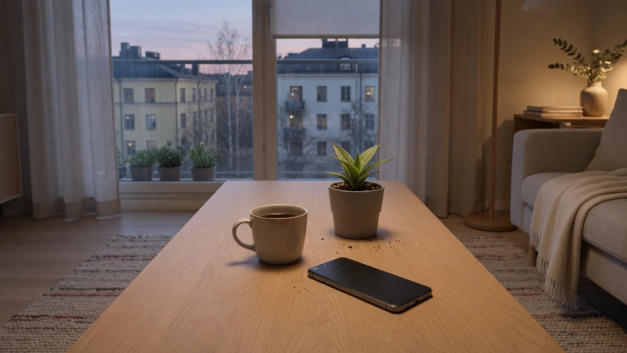 Smartphone liggande med skärmen nedåt i en modern svensk lägenhet
