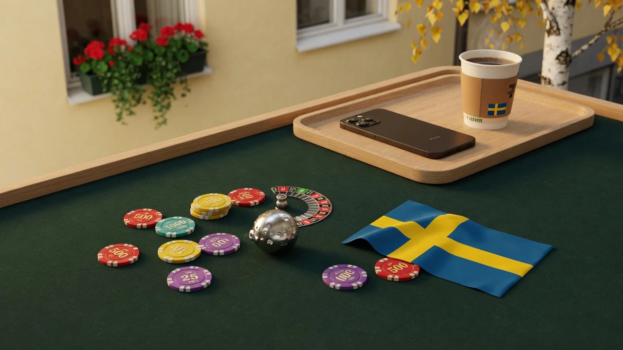 Casinochips och roulettehjul med svensk flagga som symbol för free spins i Sverige.