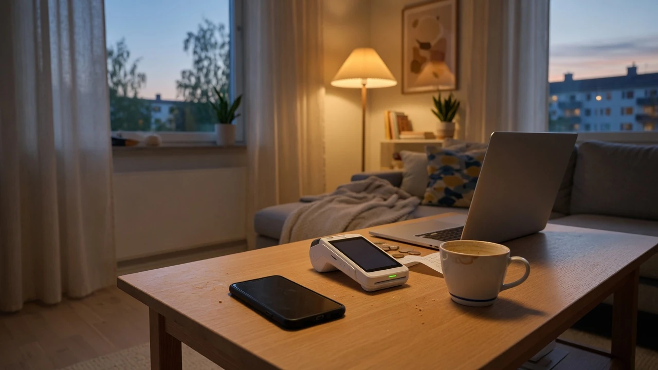 Betalterminal och telefon i modernt svenskt vardagsrum