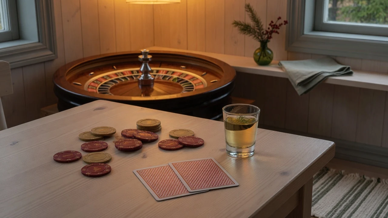 Casinomark på ett träbord i en mysig svensk miljö