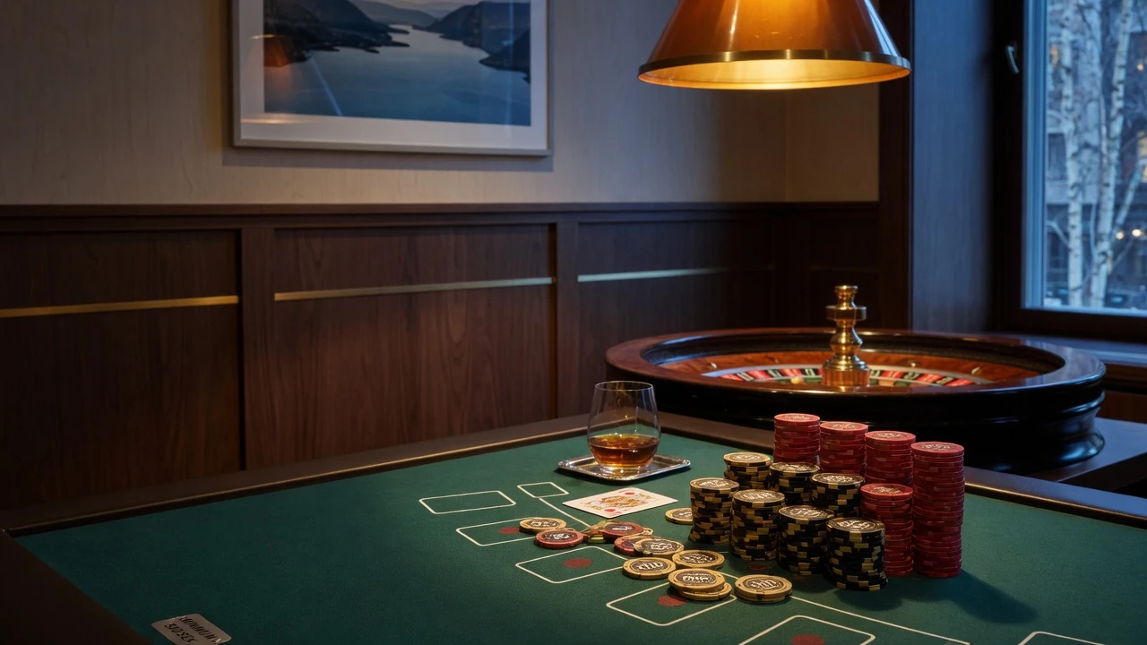 Casinobord med marker, roulettehjul och grönt filt i elegant nordisk stil