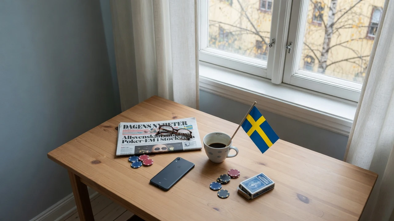 Svensk skrivbord med telefon, kaffekopp, svensk flagga och enstaka pokerfärger