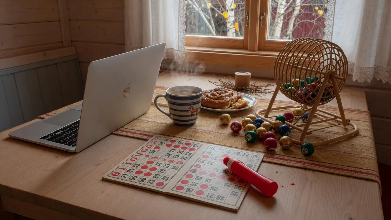 Bingobricka, färgglada bollar och en laptop vid ett svenskt bord