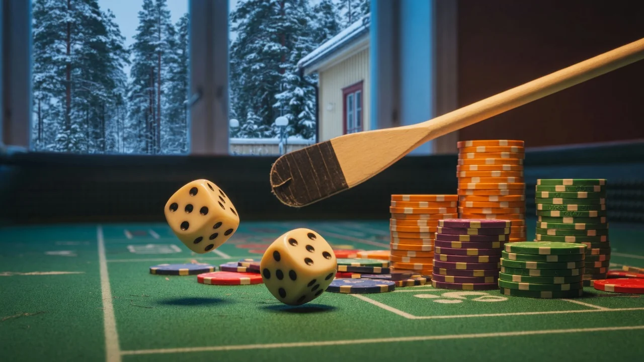 Tärningar och casinof marker på grönt crapsbord med vinterutsikt