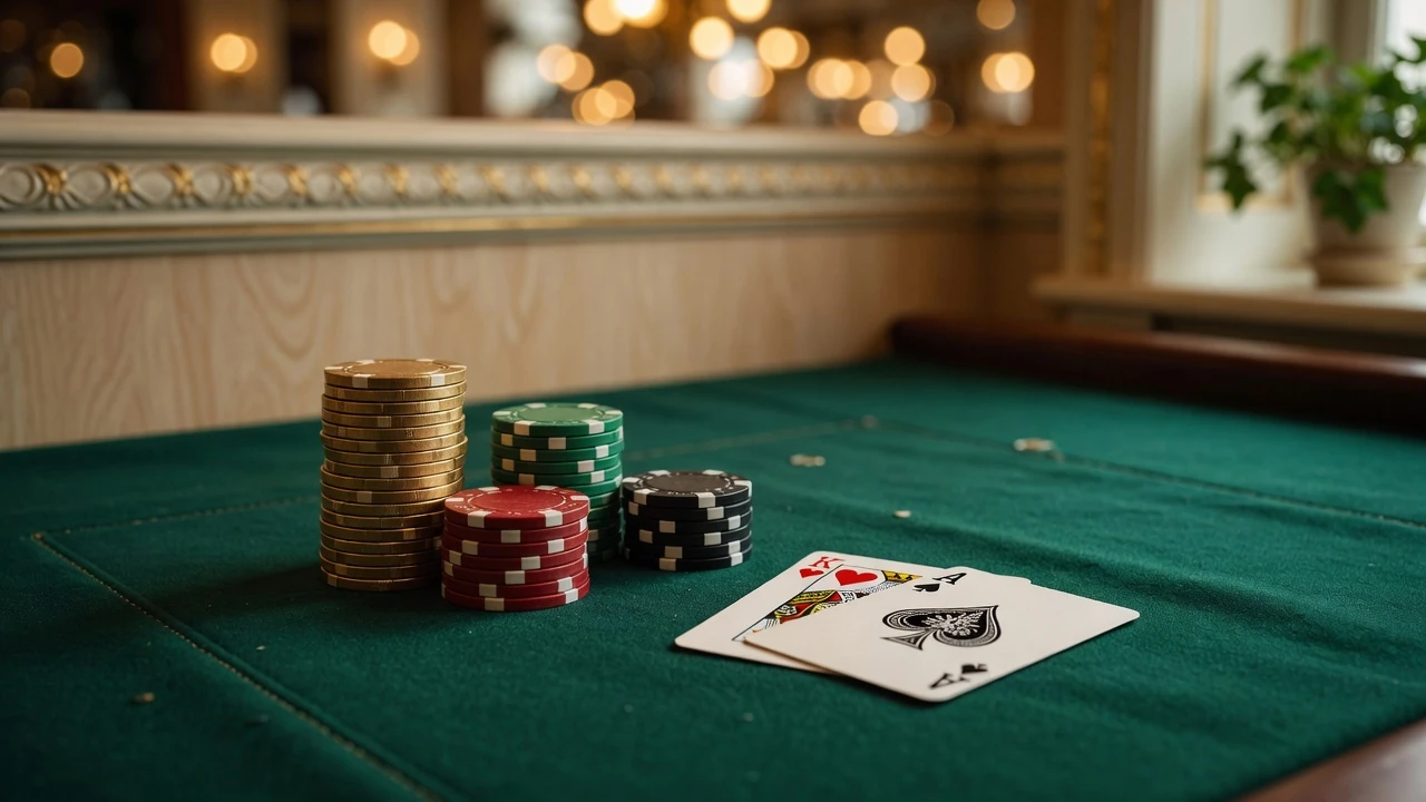 Casinobord med färgglada marker och spelkort i gyllene belysning