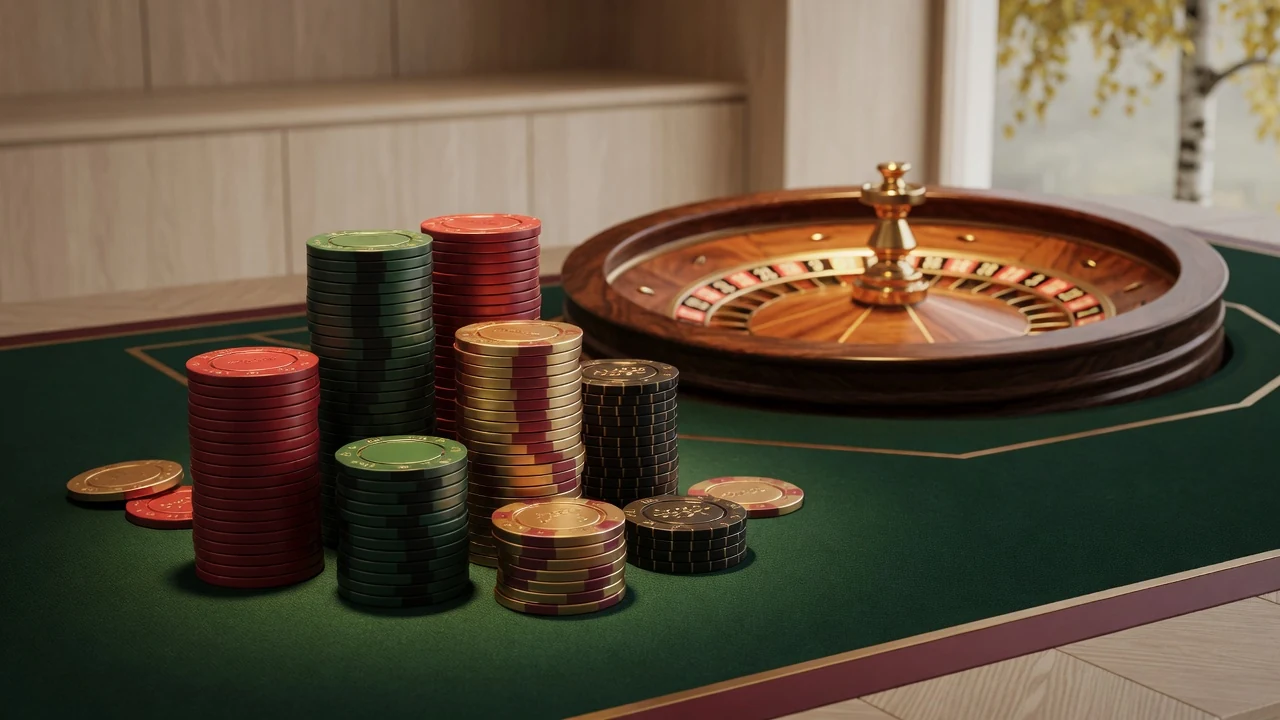 Staplar av casinofigurer och roulettehjulett i elegant svensk casinomiljö