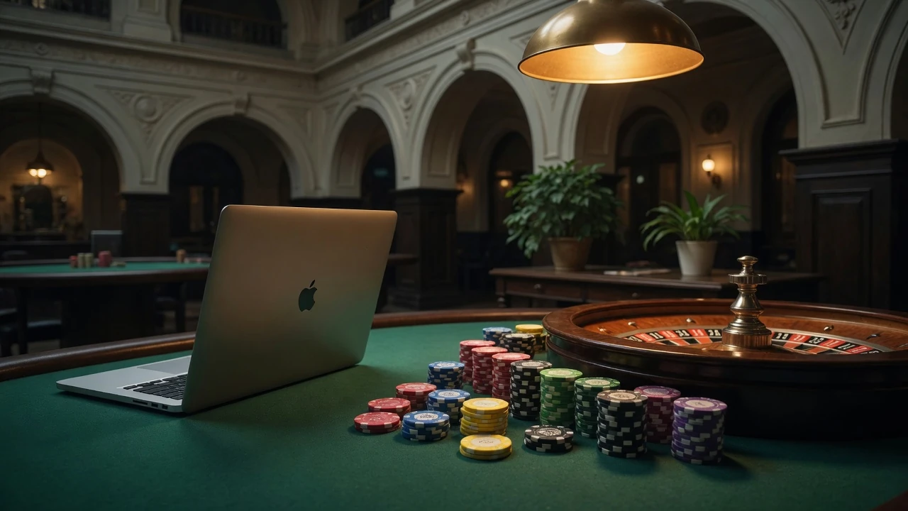 Casinomiljö med pokerchips, roulettehjul och dov belysning