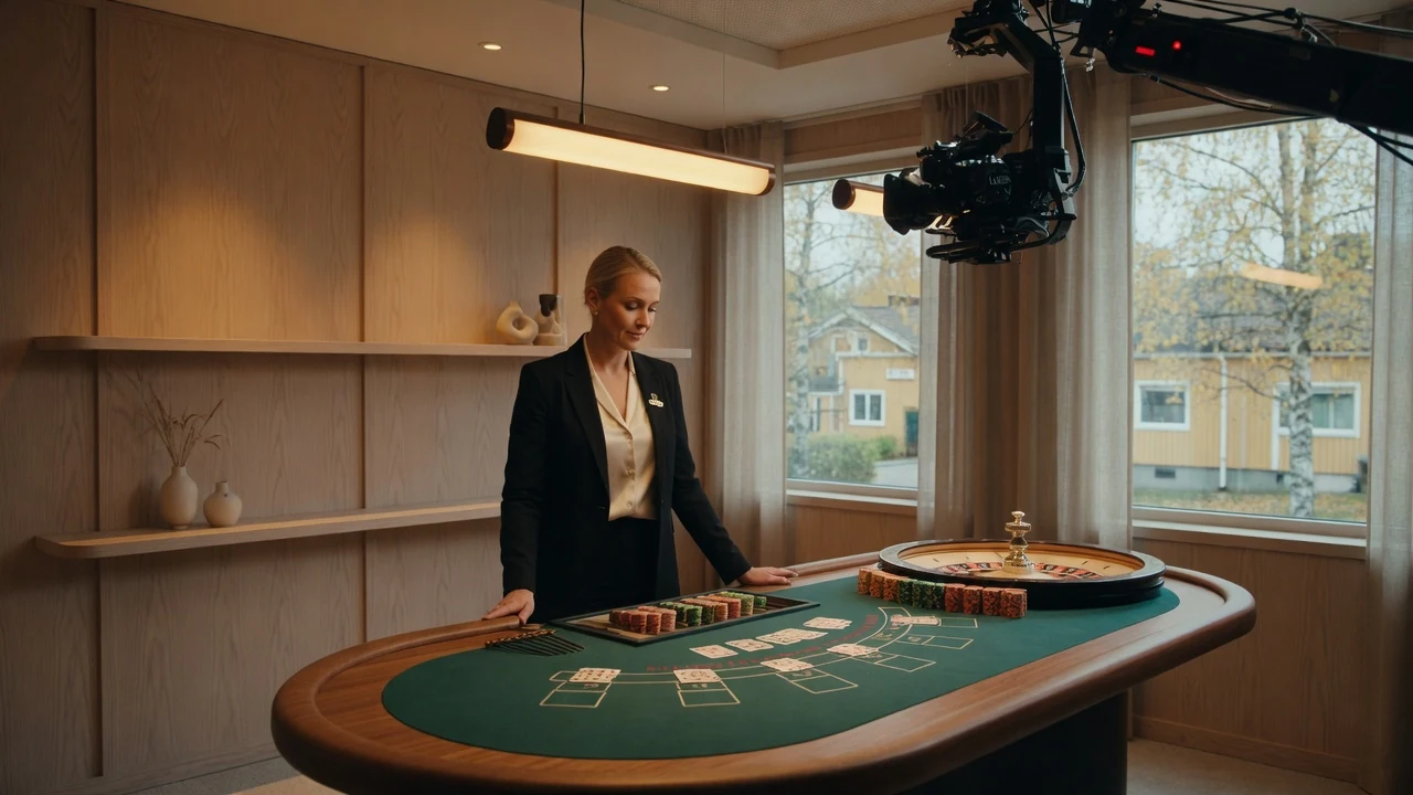 Professionell live dealer vid elegant casinobord i modern studio med skandinavisk design