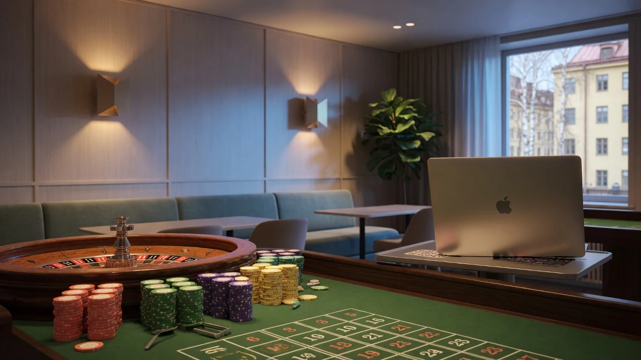Elegant roulettebord med marker och stängd laptop i svensk casinomiljö
