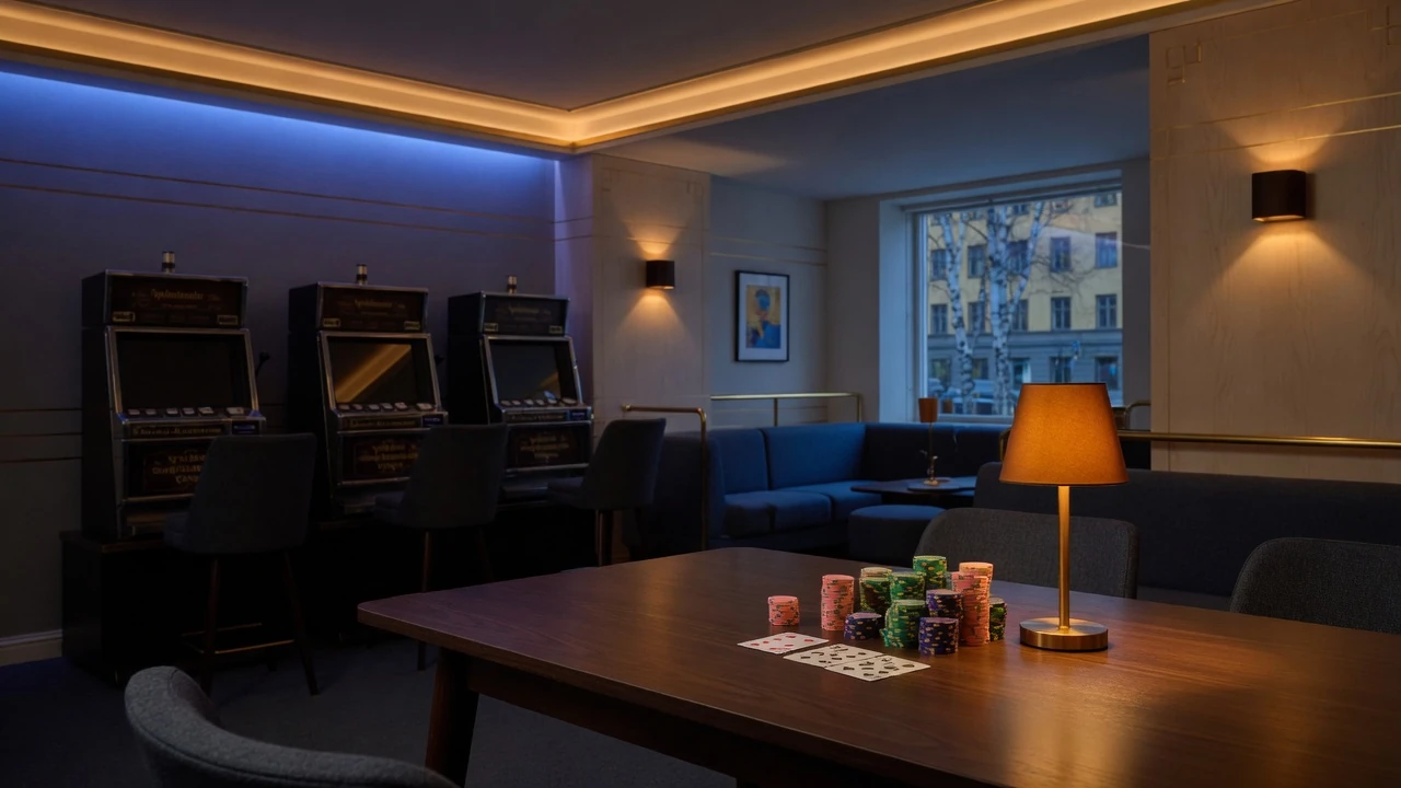 Elegant svensk casinomiljö med marker, spelkort och spelautomater i dunkel belysning
