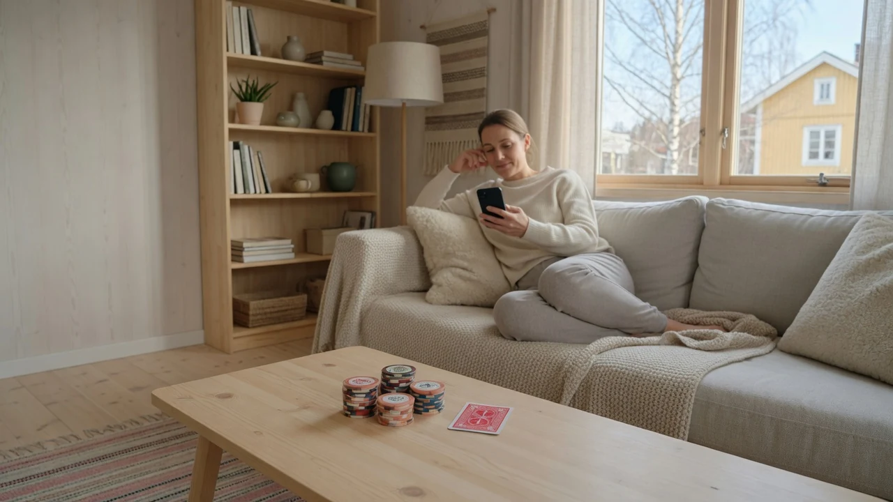 Person i svensk vardagsrum med smartphone och casinoföremål på bordet