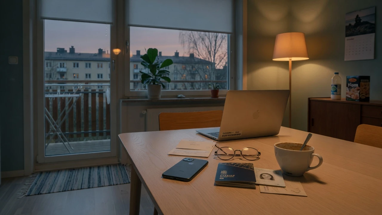 Svensk vardagsscen med vänd smartphone, pass och kaffe på bordet