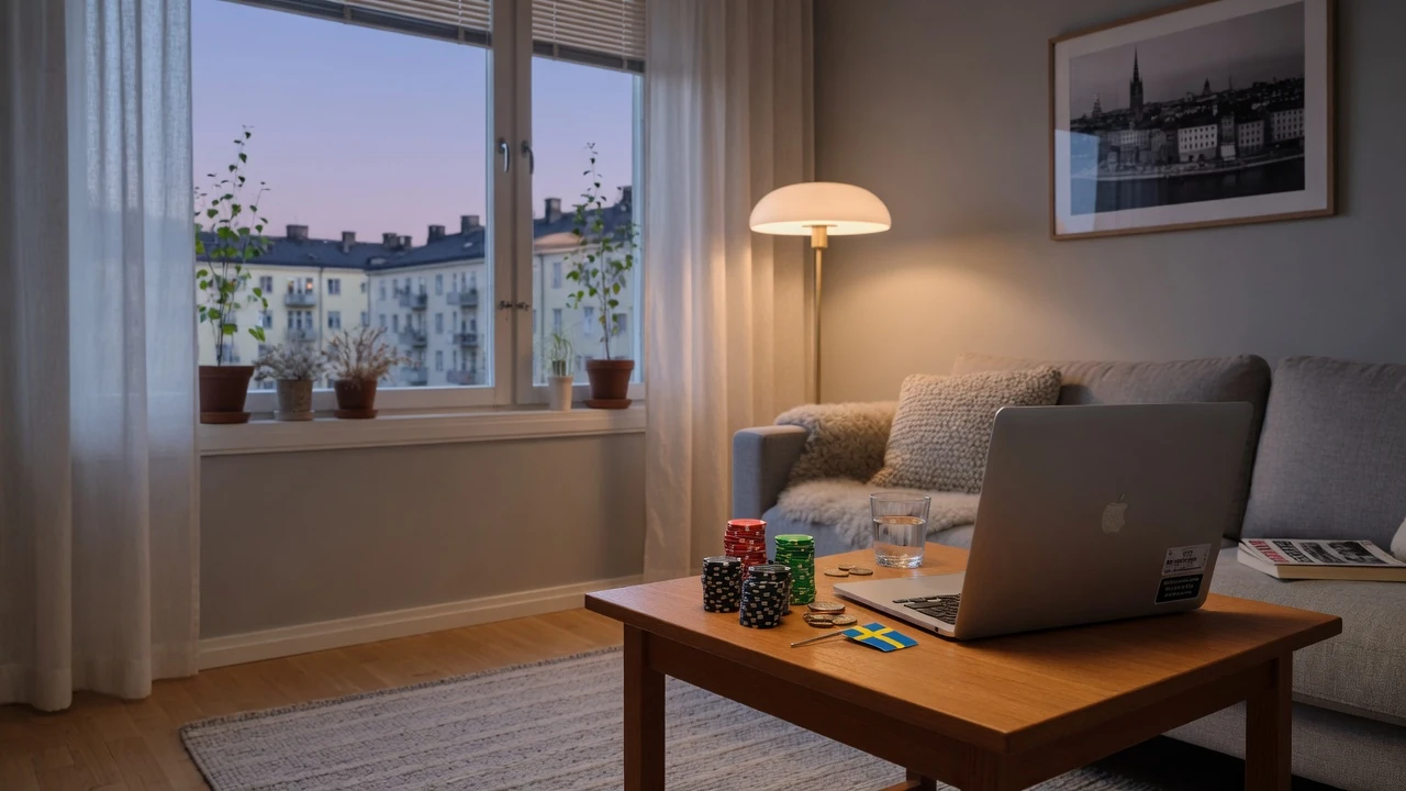 Svenskt vardagsrum med casinotema och bärbar dator