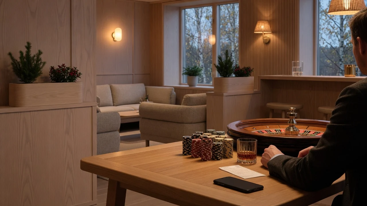 Svensk casinolounge med roulettebord och marker, stämning av ansvarsfullt spelande