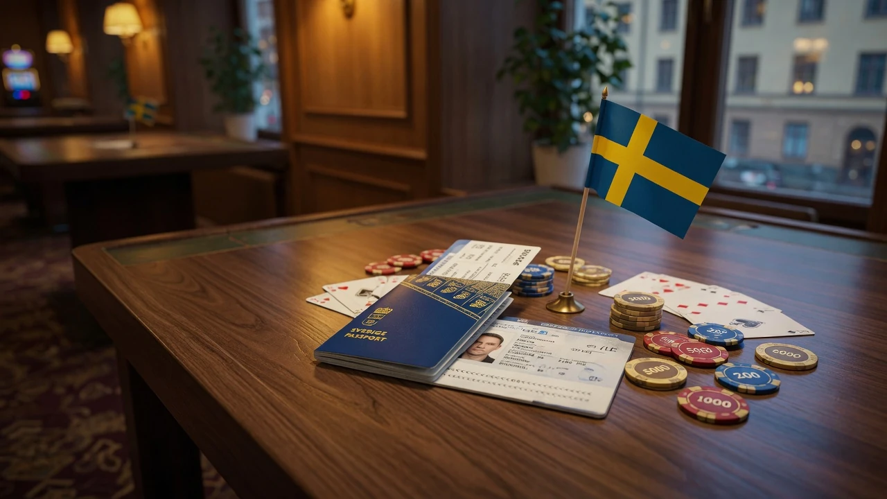 Svenskt pass, flagga och casinotillbehör på mörkt spelbord