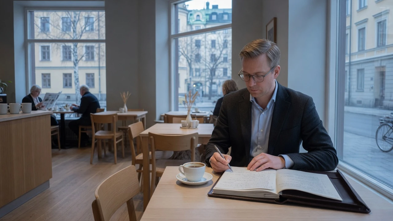 Eftertänksam recensent vid kafébord i Stockholm som granskar casinorecensioner.