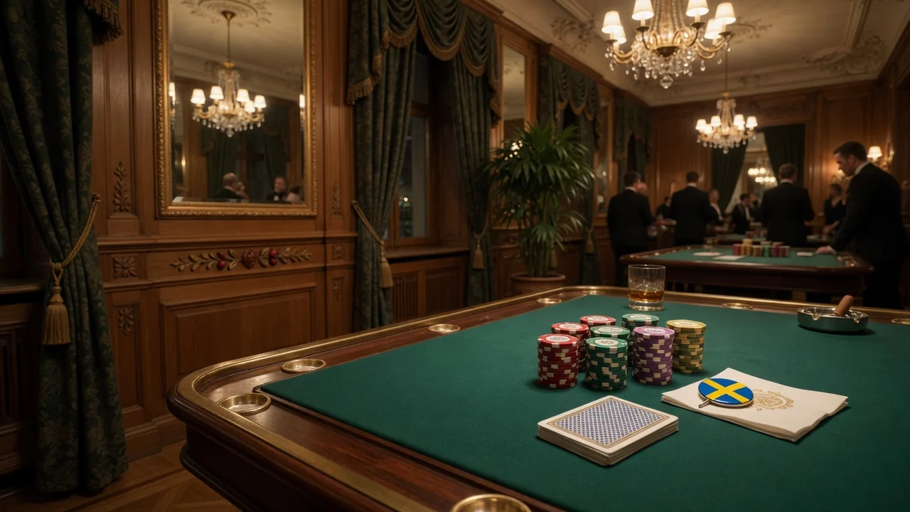 Elegant casinobord med marker och ett svenskt kontext i varm belysning