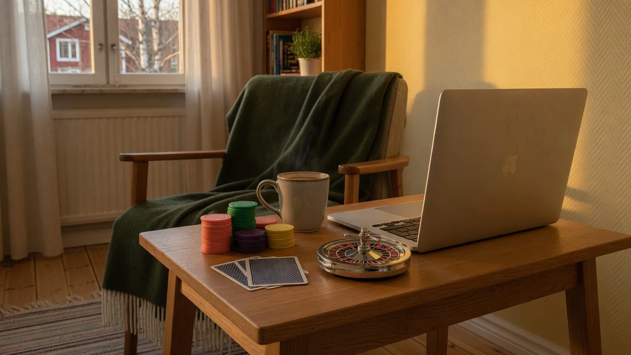 Casinochips, stängd laptop och ett minirouletthjul på ett bord i ett svenskt vardagsrum