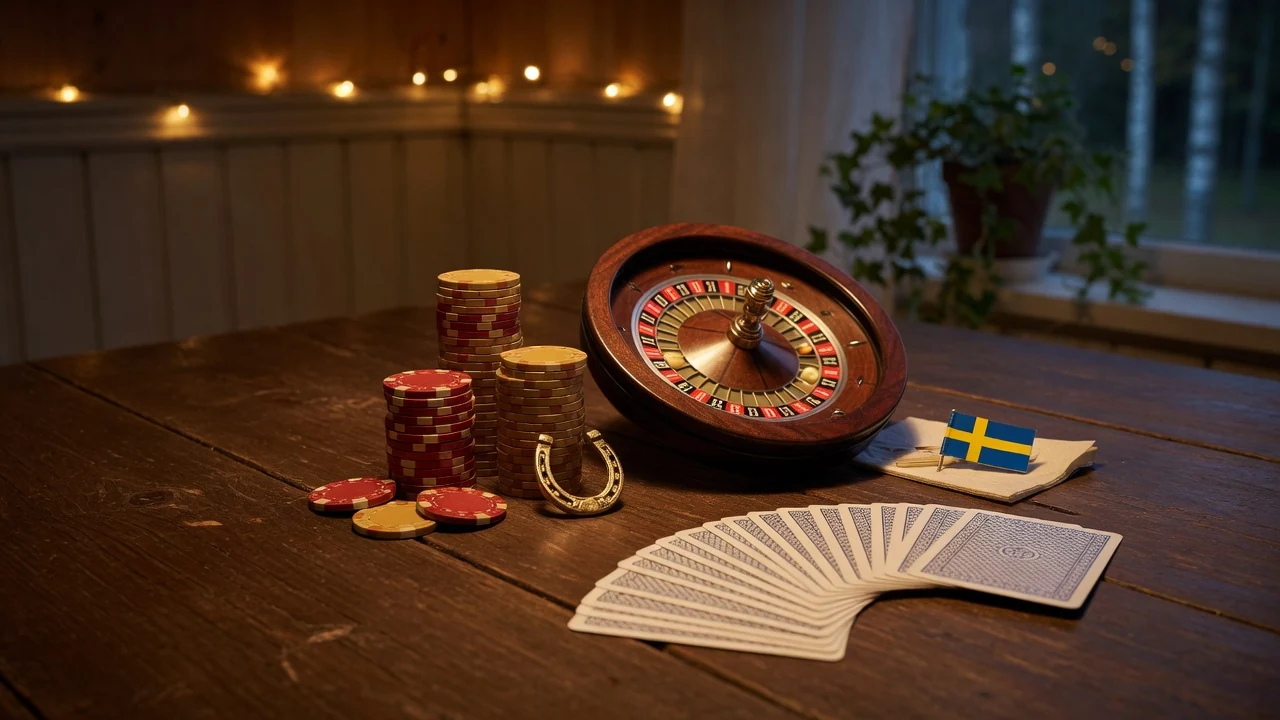 Casinochips, rouletthjul och spelkort på ett mörkt bord