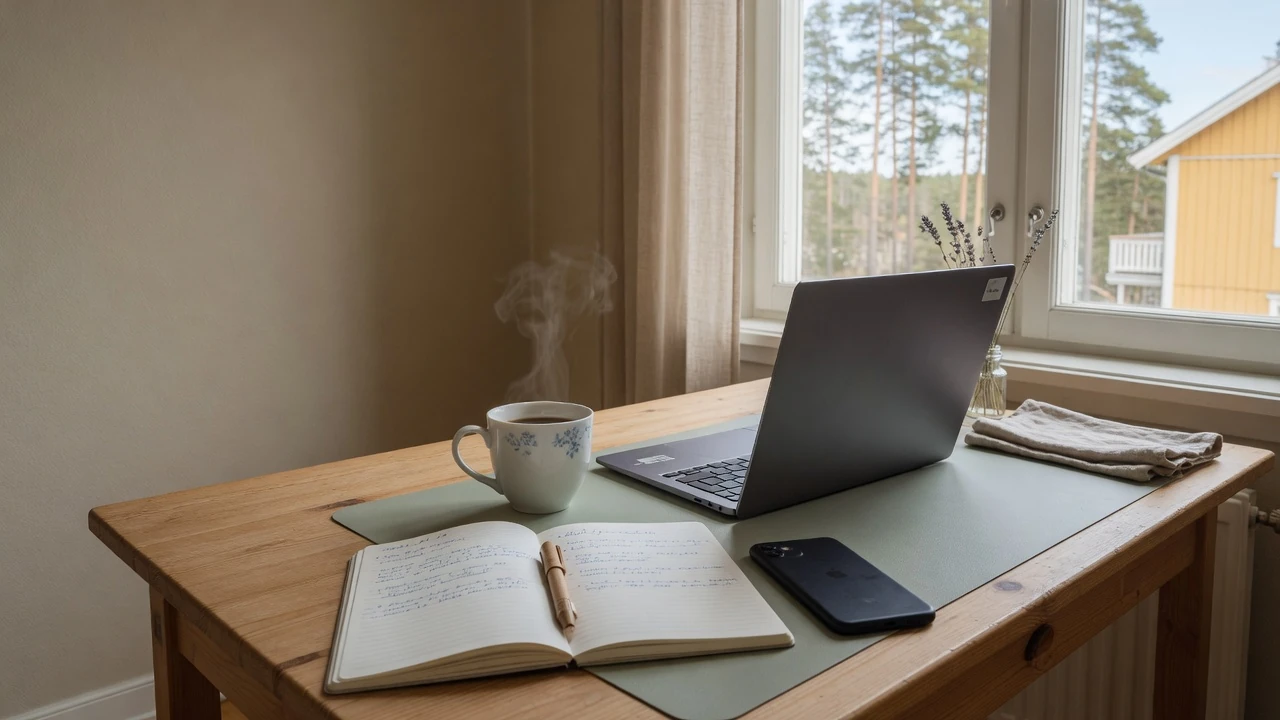 En svensk skrivbord med kaffekopp, anteckningsbok och stängd laptop som symbol för kontakt.