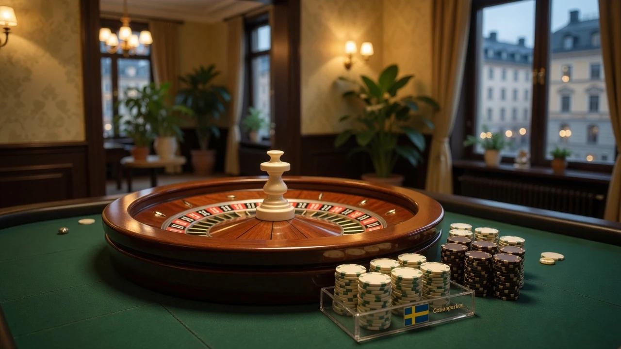 Roulettehjul med marker på ett casinobord i Sverige