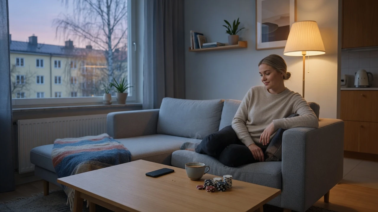 Person i modern svensk lägenhet med telefon och kaffekopp