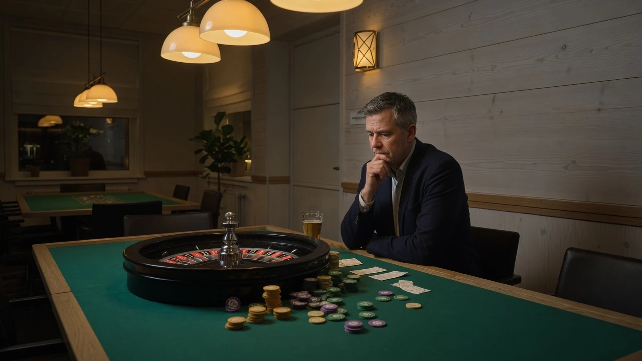 Eftertänksam spelare vid roulettebord i svenskt casinorum