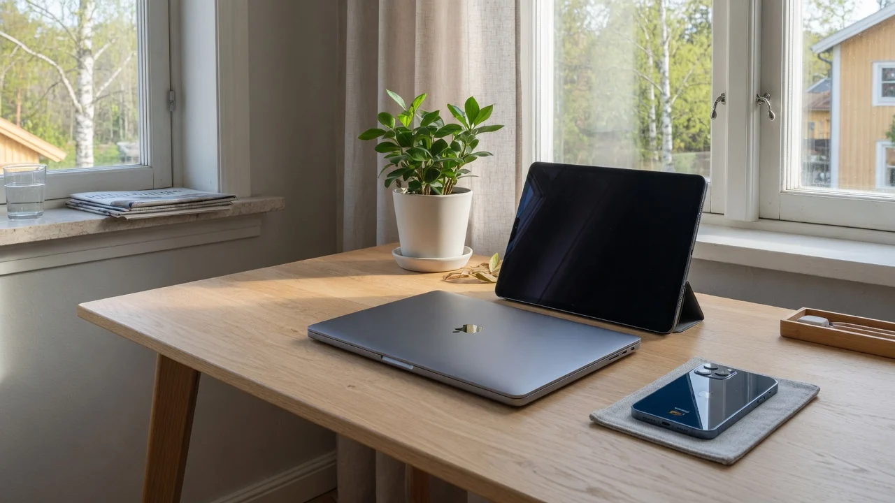 Smarttelefon, surfplatta och laptop på skandinaviskt skrivbord