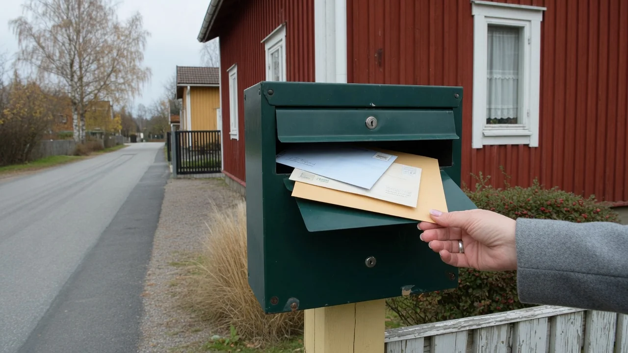 Sluten brevlåda på svensk gata med utdragbart kuvert
