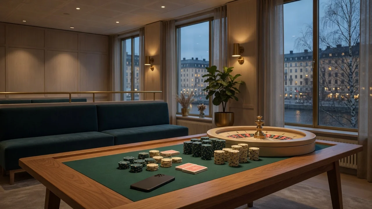 Modern skandinavisk casinomiljö med roulettebord och marker