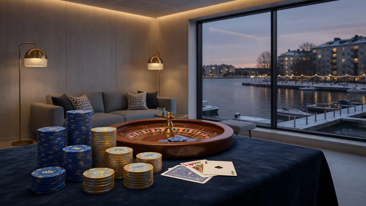 Casinobord med insatser och roulette i modern skandinavisk miljö