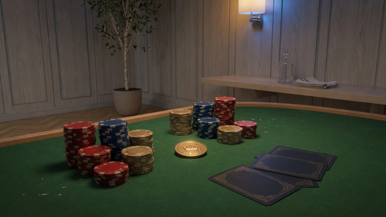 Elegant casinobord med färgglada marker och guldmynt i skandinavisk miljö