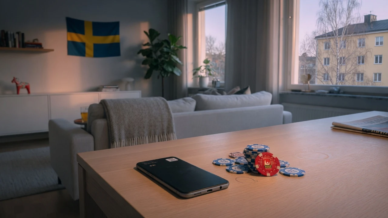 Mobil på bord bredvid casinotokens i modern svensk lägenhet