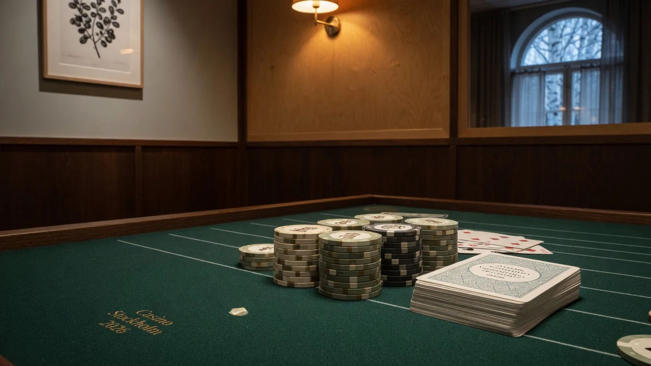 Casinokort och marker på ett grönt bord i elegant svensk casinomiljö