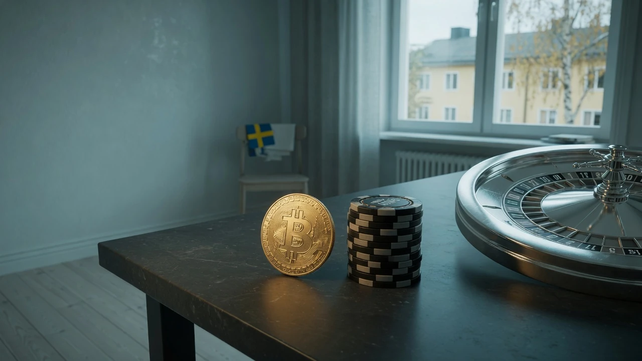 Bitcoin-mynt bredvid casinokort och roulettehjul i skandinavisk miljö