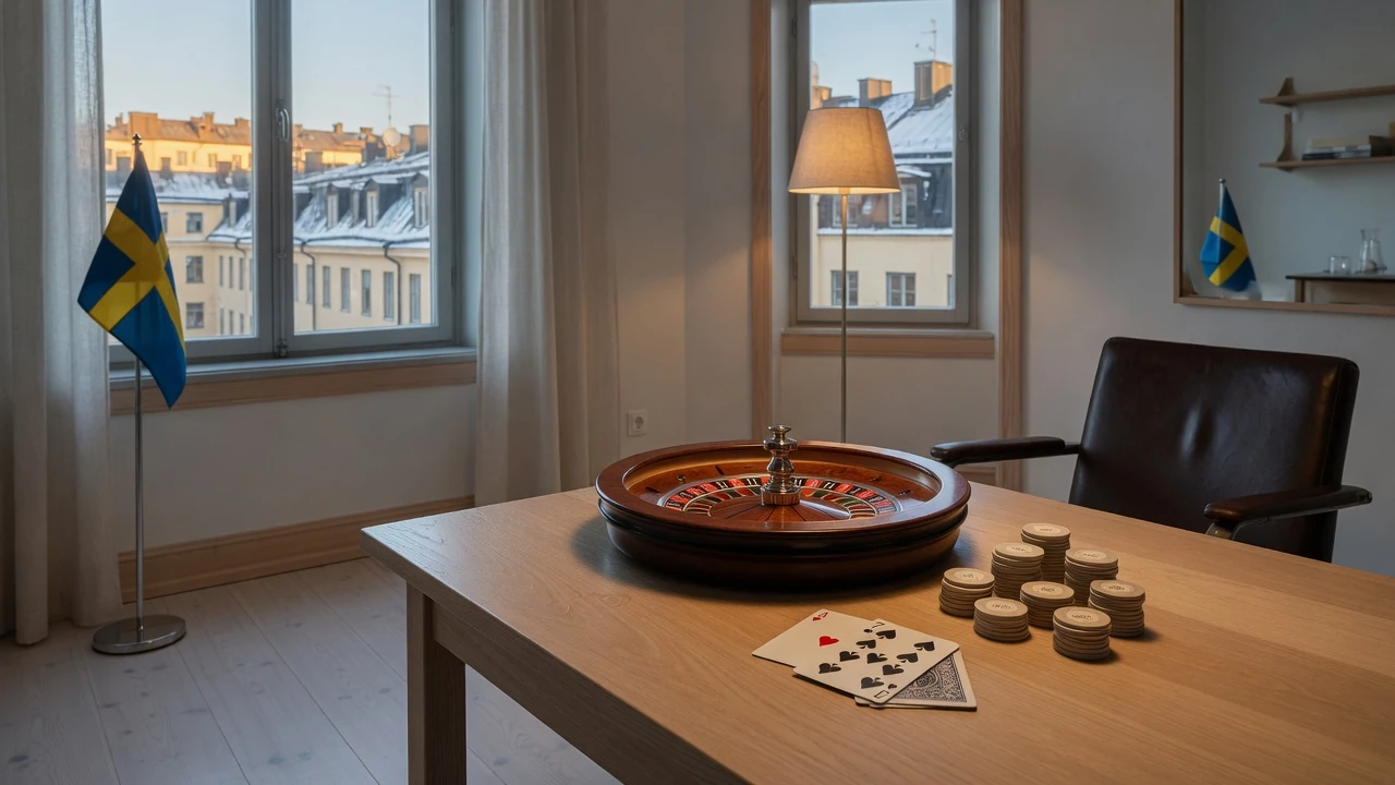Roulettehjul och spelmarkörer på ett bord i en modern lägenhet i Stockholm